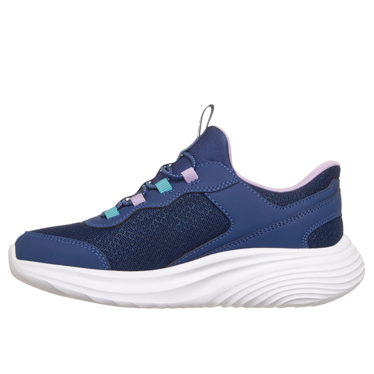 A navy blue athletic sneaker with a thick white wavy sole, featuring mesh panels, light blue and lavender accents on the laces, and a silver pull tab.