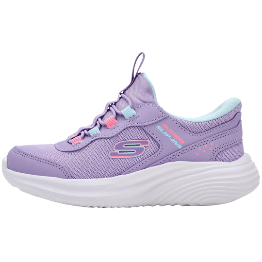 A single Skechers Albu-Run sneaker in lavender purple, featuring a white textured sole, mesh upper, pastel pink and blue laces, and the Skechers logo on the side.