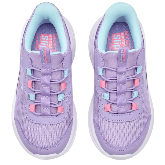 A pair of kids' sneakers in lavender purple with pastel pink and light blue accents on the laces and inner lining, shown from a top-down view on a white background.