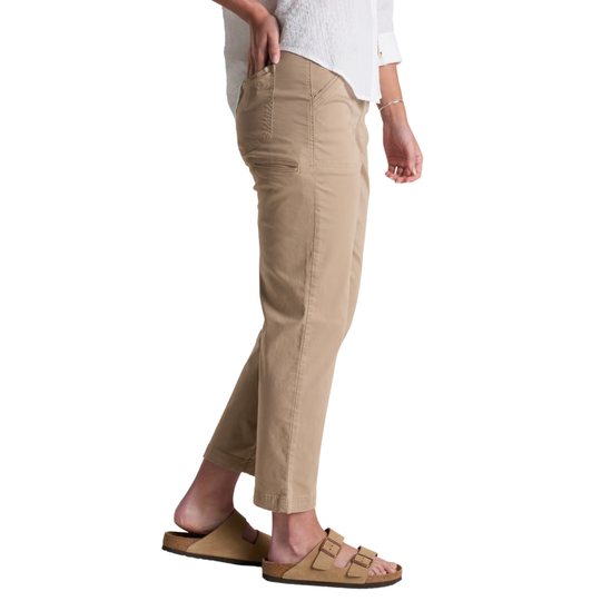 Person wearing beige pants and sandals on a white background