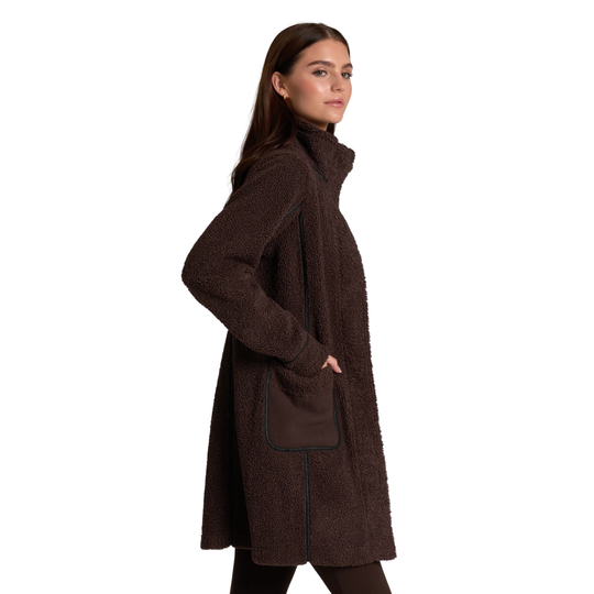 Kuhl Women's Durango Sherpa Long Jacket - French Roast on a female model on a white background