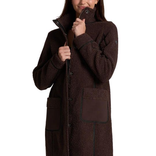 Kuhl Women's Durango Sherpa Long Jacket - French Roast on a female model on a white background
