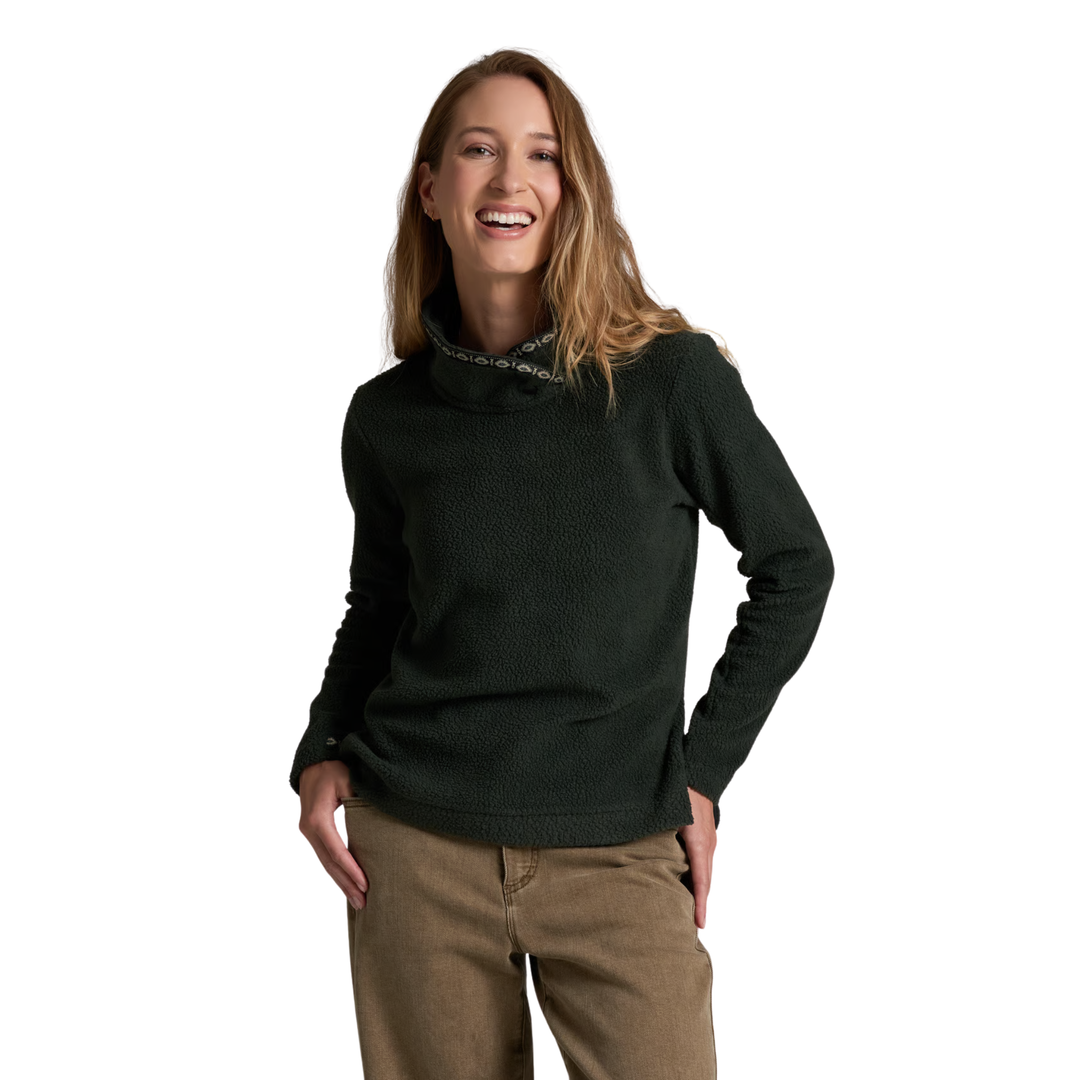 Kuhl Women's Hygge Snap Pullover - Black on female model on a white background