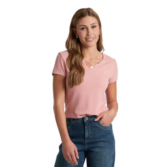Kuhl Women's Remi Notch Tee - Coral Rose on female model on a white background