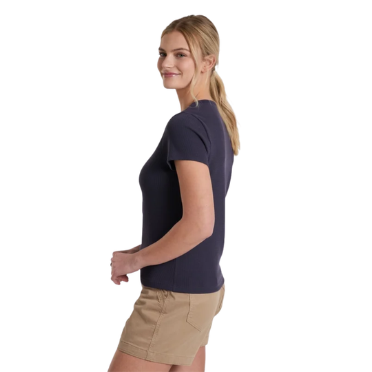 Kuhl Women's Remi Notch Tee - Mystic n female model on a white background