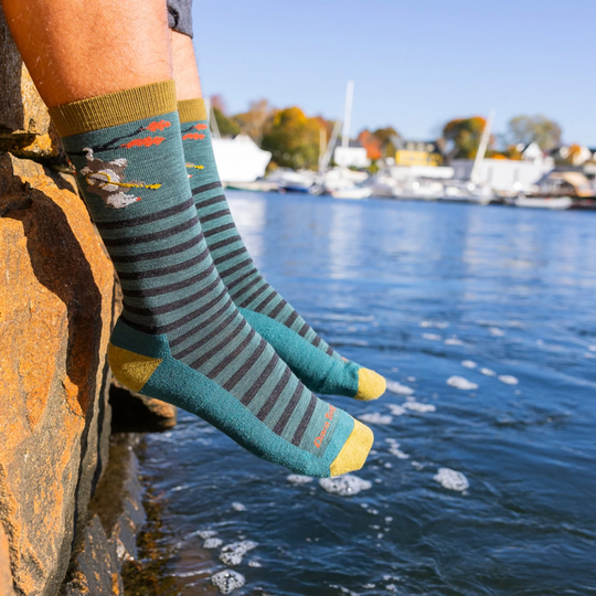 Darn Tough Vermont Men's Wild Life Crew Lightweight Lifestyle Sock - Teal  on a lake water background