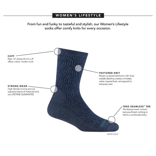 Darn Tough Vermont Women's Cable Crew Lightweight Lifestyle Sock - Denim with four focal description points. On a white background. 