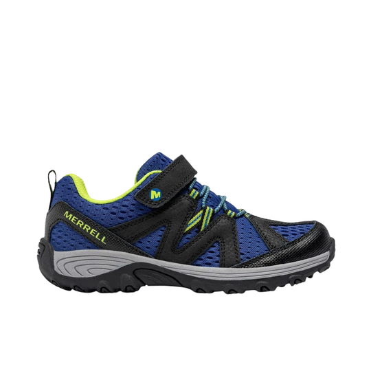 A Merrell kids' athletic shoe in blue and black mesh with neon yellow-green accents, a black hook-and-loop strap, and a gray and black sole, shown against a plain white background.