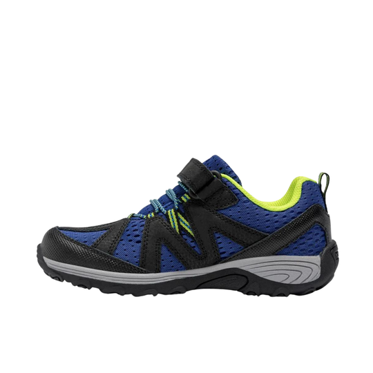 A single athletic shoe shown from the side profile against a plain white background. The shoe features a blue and black mesh upper with a hook-and-loop strap closure, a bright neon yellow-green collar lining, and a gray and black sole.