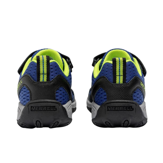 A pair of Merrell athletic shoes shown from the back, featuring a blue and black mesh upper with bright neon yellow-green accents and a black sole.