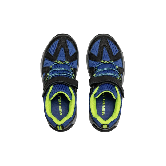 Pair of blue and black Merrell shoes with green accents on a white background