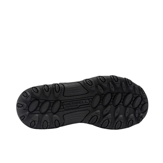 Black Merrell hiking boot sole showing the tread pattern and embossed brand name on a white background.