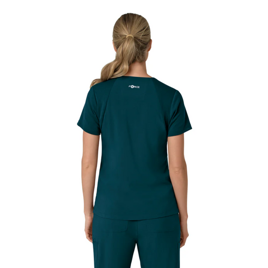 Teal short-sleeve scrub top shown from the back, with a small logo at the upper back.