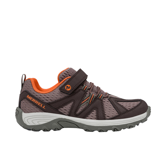 Merrell hiking shoe in dark brown and gray with bright orange accents, featuring a hook-and-loop strap closure and textured gray sole, shown against a plain white background.
