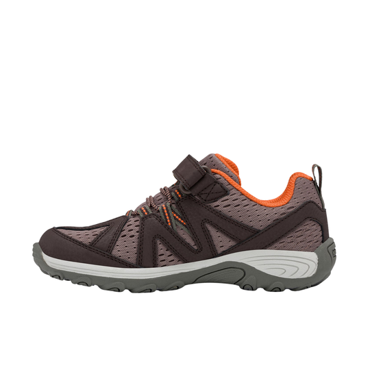 A single athletic shoe shown in profile against a plain white background. The shoe features a dark brown and gray mesh upper with bright orange lining accents, a hook-and-loop strap closure, and a gray and white sole.