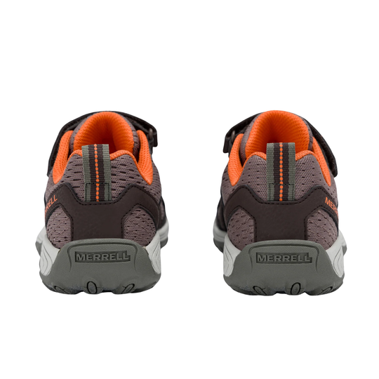 A pair of Merrell athletic shoes shown from the back, featuring a dark gray and brown mesh upper with bright orange lining and a gray sole.
