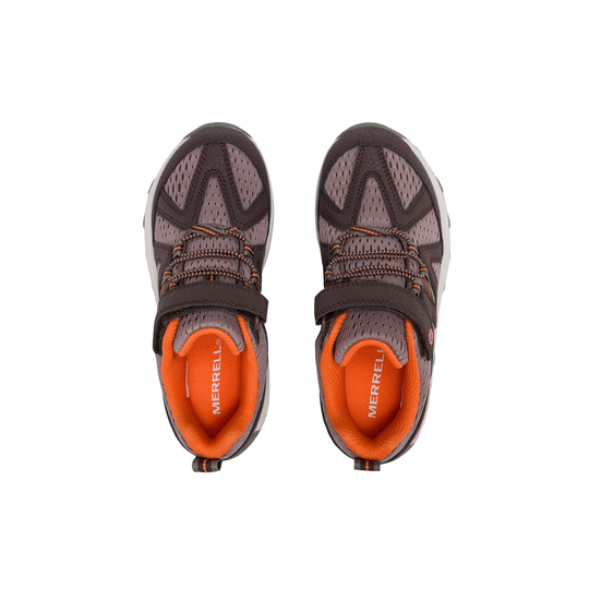 A pair of Merrell hiking shoes shown from a top-down view, featuring a dark brown and gray mesh upper with an orange interior lining.