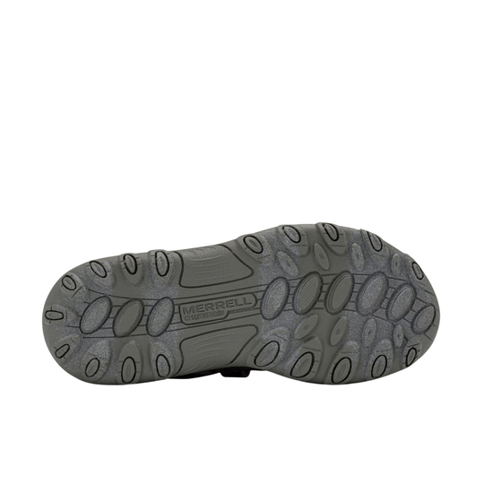 The outsole of a Merrell shoe in dark gray, showing the tread pattern and embossed Merrell logo on a white background.