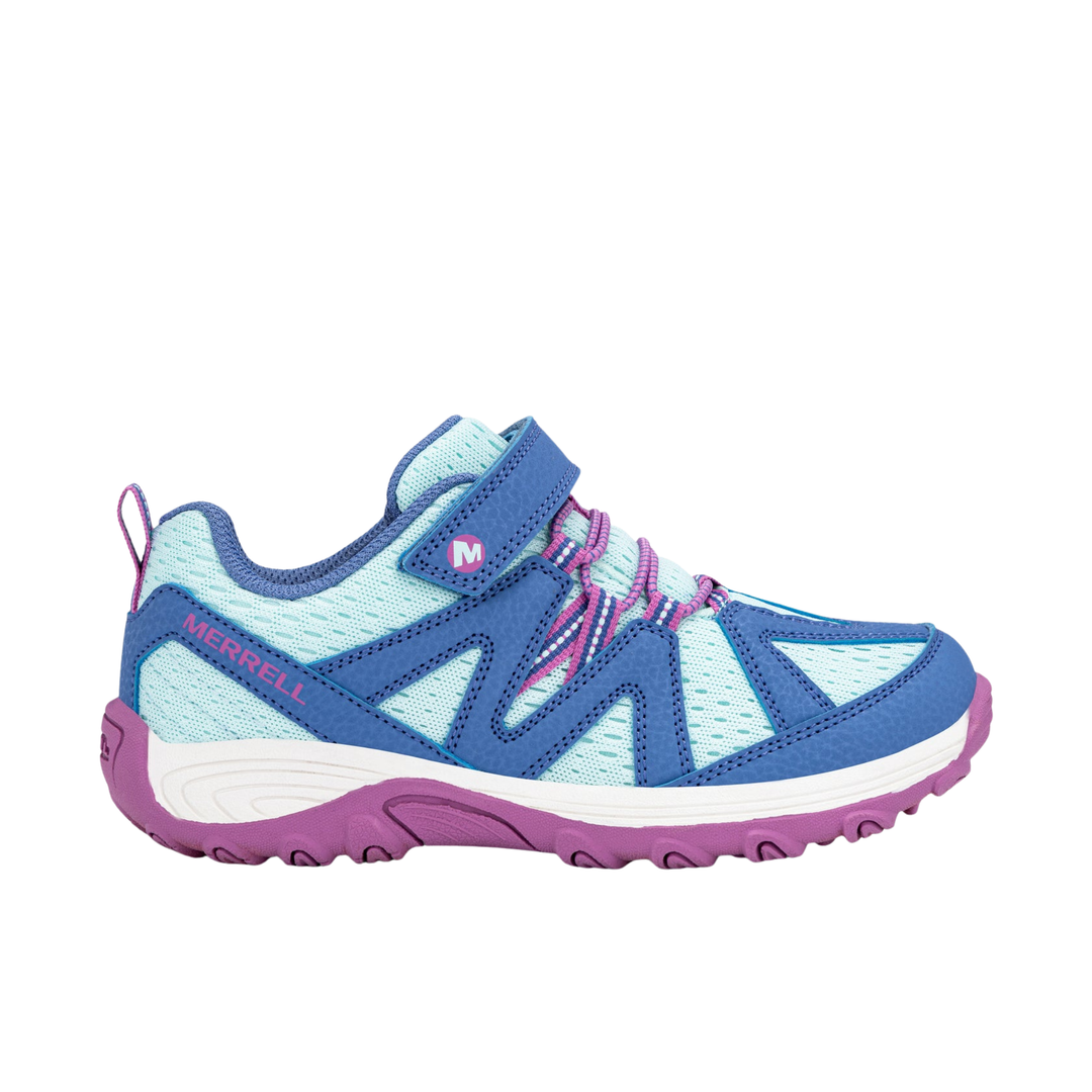 Merrell kids' athletic shoe in blue, light blue, and purple, featuring a hook-and-loop strap closure and a white midsole.
