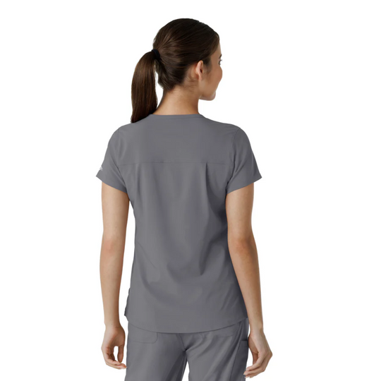 Gray short-sleeve scrub top shown from the back on a model.