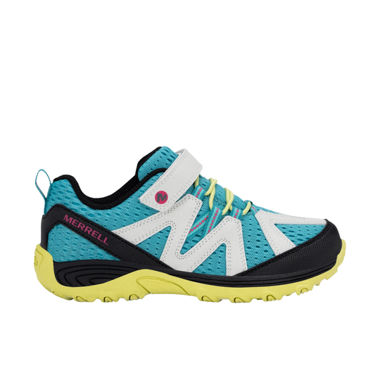 Merrell kids' athletic shoe in turquoise, white, and black with a bright yellow sole, shown from the side profile on a white background.