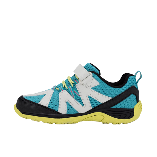 A children's athletic sneaker in turquoise, white, and black with a bright yellow sole and laces, shown from a side profile on a white background.