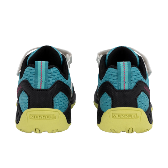 A pair of Merrell athletic sneakers shown from the back, featuring turquoise and black mesh uppers with a bright yellow sole and white laces.