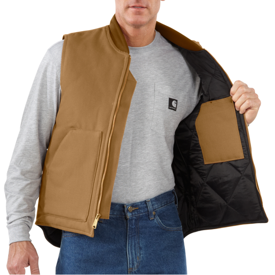Brown insulated vest over a gray long-sleeve shirt, shown open to reveal black quilted lining and front pockets