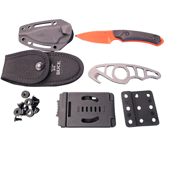 A knife accessory kit on a white background, including a black knife with an orange blade, a black sheath, a silver metal tool, mounting hardware, and black plastic clips.