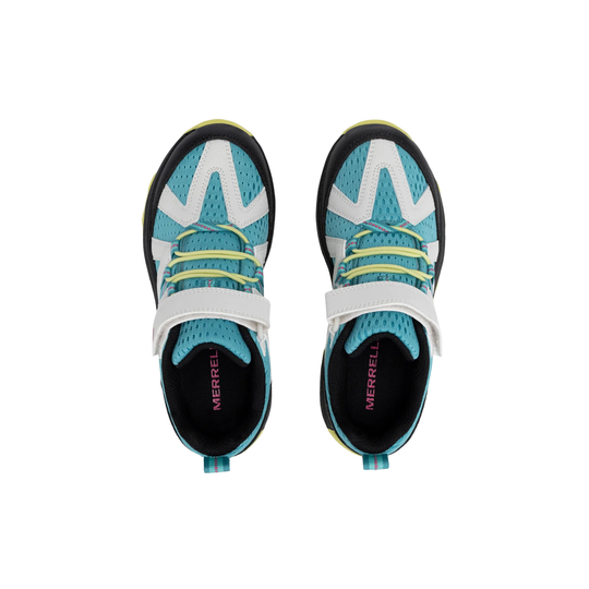 A pair of Merrell kids' athletic sneakers shown from a top-down view. The shoes feature a turquoise blue mesh upper with white synthetic overlays, a white hook-and-loop strap, lime green laces, and a black outsole.