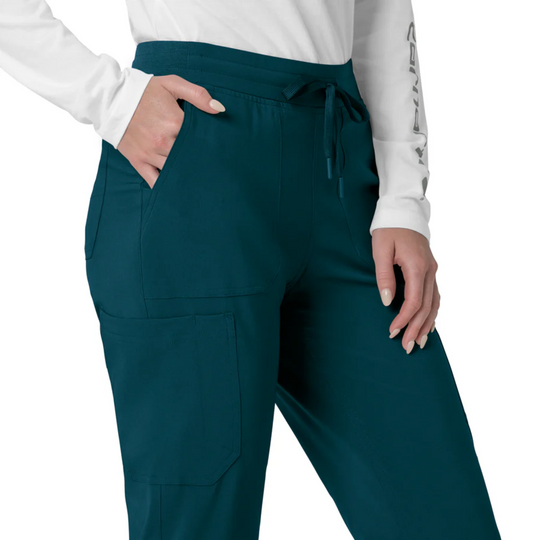 Teal cargo scrub pants with drawstring waist and large front patch pockets