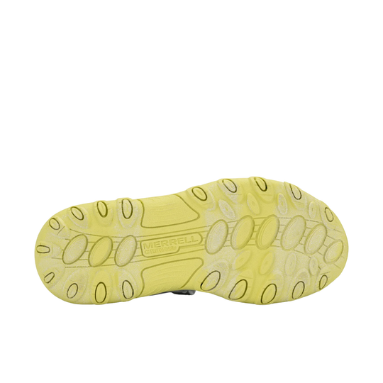 The yellow sole of a Merrell shoe, showing the tread pattern and embossed brand name, isolated on a white background.