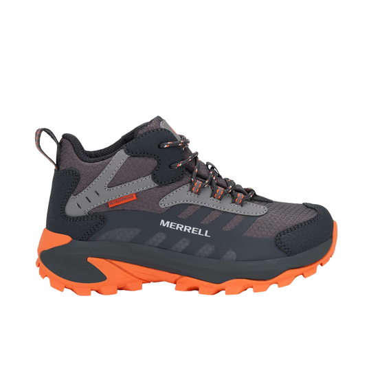 Merrell mid-height hiking boot in dark gray and black with bright orange outsole and laces, shown from a side profile on a white background.