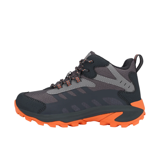 A mid-cut hiking shoe in dark gray and black with a bright orange outsole, shown from the side against a plain white background.