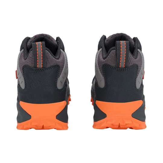 A pair of dark gray and black athletic sneakers shown from the back, featuring bright orange midsoles and pull tabs with orange stitching details, set against a plain white background.