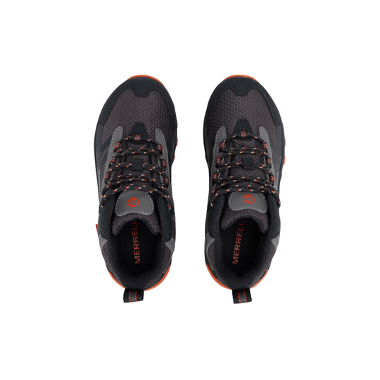 A pair of Merrell hiking shoes shown from a top-down view, featuring a dark gray and black mesh upper with gray overlays, orange laces, and orange accents on the outsole and tongue.