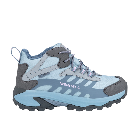 Merrell hiking boot in light blue and gray, shown from the side against a white background.