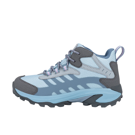 A gray suede and black rubber mid-height lace-up boot with a gray felt collar, shown from a side profile on a white background.