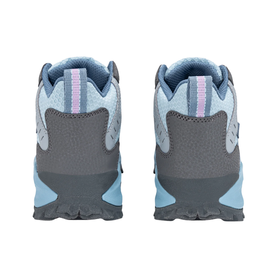 A pair of light blue and gray hiking shoes shown from the back, featuring a textured gray heel counter, light blue midsoles, and a pink and blue pull tab.
