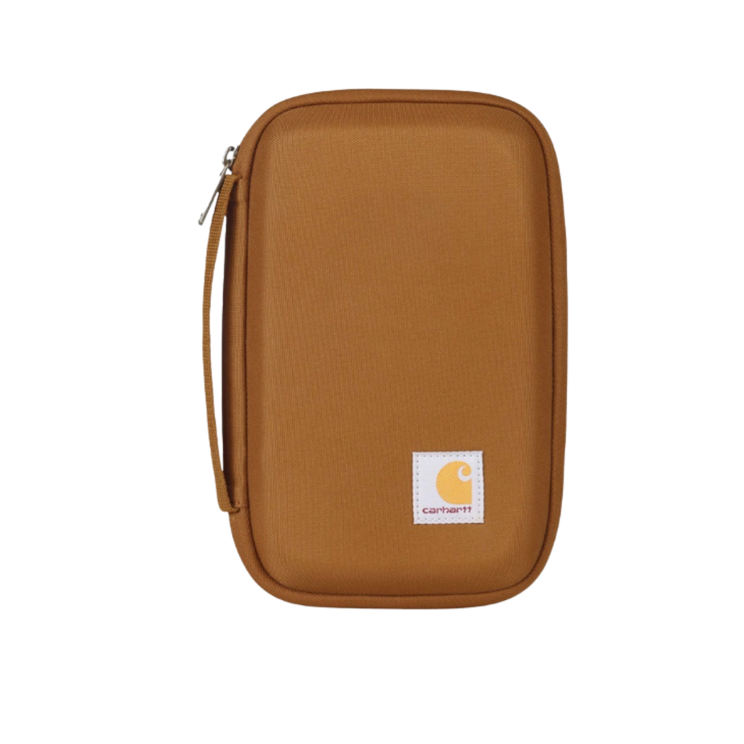 Brown zippered pouch with Carhartt logo on a white background