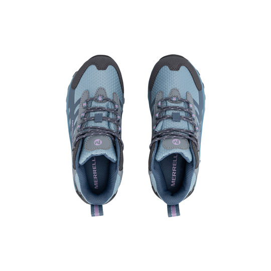 Pair of blue and gray Merrell shoes on a white background