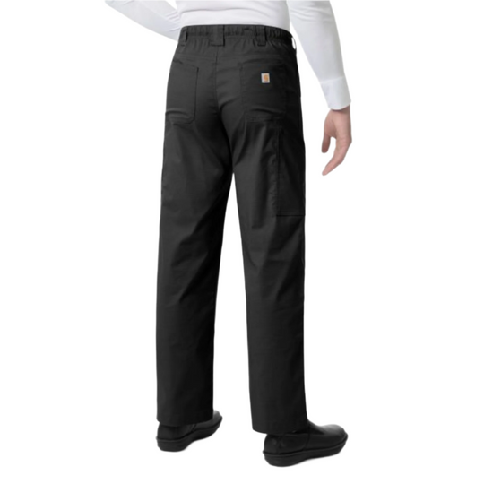 Black straight-leg cargo pants shown from the back on a model, with utility pockets and a small patch logo on the right pocket.