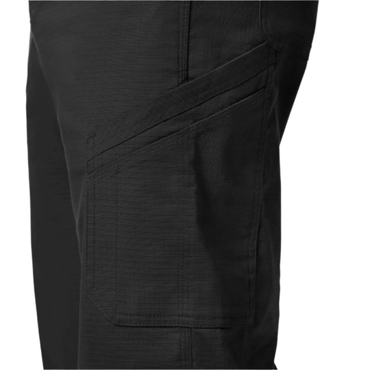 Black cargo pant leg with diagonal zipper pocket and side cargo pocket