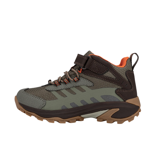 A mid-height outdoor hiking boot shown in profile against a plain white background. The boot features a color-blocked design with olive green, dark brown, and gray panels, accented by an orange lining inside the collar.