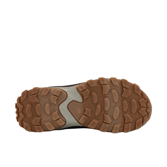 A top-down view of a brown rugged outdoor shoe sole with deep lugs and a light gray midsole section, shown on a plain white background.