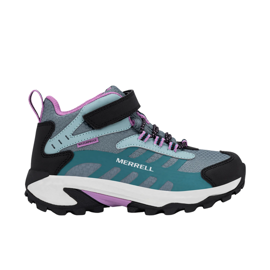 Merrell kids' mid-top hiking boot in teal, gray, black, and purple, shown from a side profile on a white background.