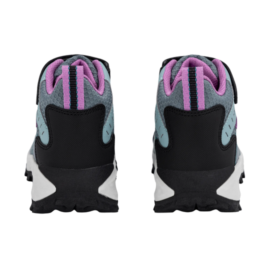 A pair of athletic sneakers shown from the back, featuring a gray mesh upper with light blue overlays, black panels, and bright pink laces, set against a plain white background.