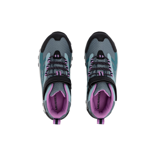 Pair of gray and purple hiking shoes with 'Merrell' branding on a white background