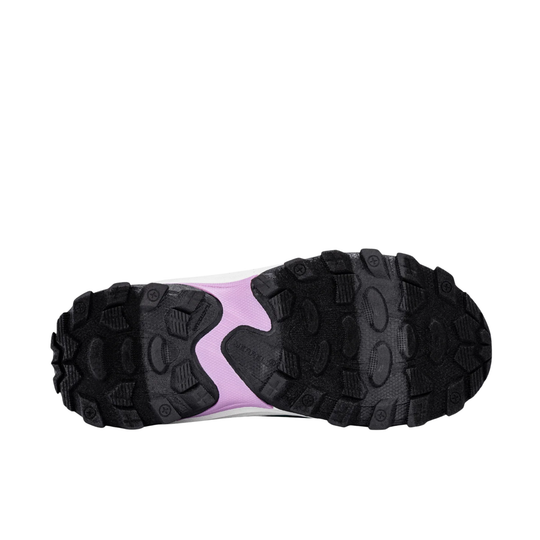 A top-down view of a black rugged shoe sole with a light purple accent and a hint of white, shown against a plain white background.
