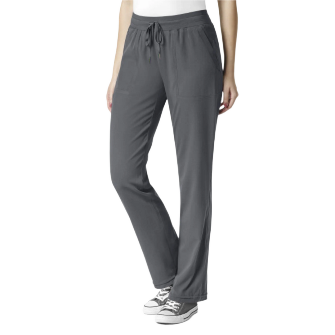 Gray straight-leg scrub pants with drawstring waist and side cargo pockets, shown on model